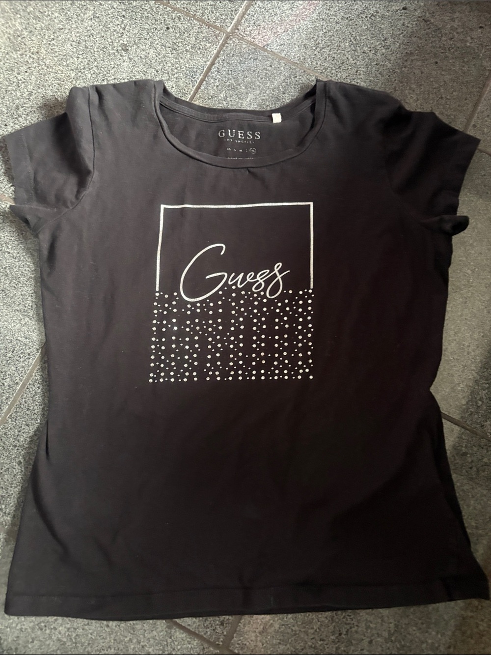 Guess Black Short Sleeve Tee with Silver Studded Box Logo